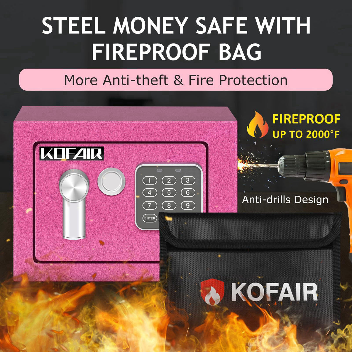 KOFAIR Safe Box for Home Safe (0.23 Cubic Feet) with Fireproof Bag, Personal for Money Safe for Cash Saving, Mini Safety
