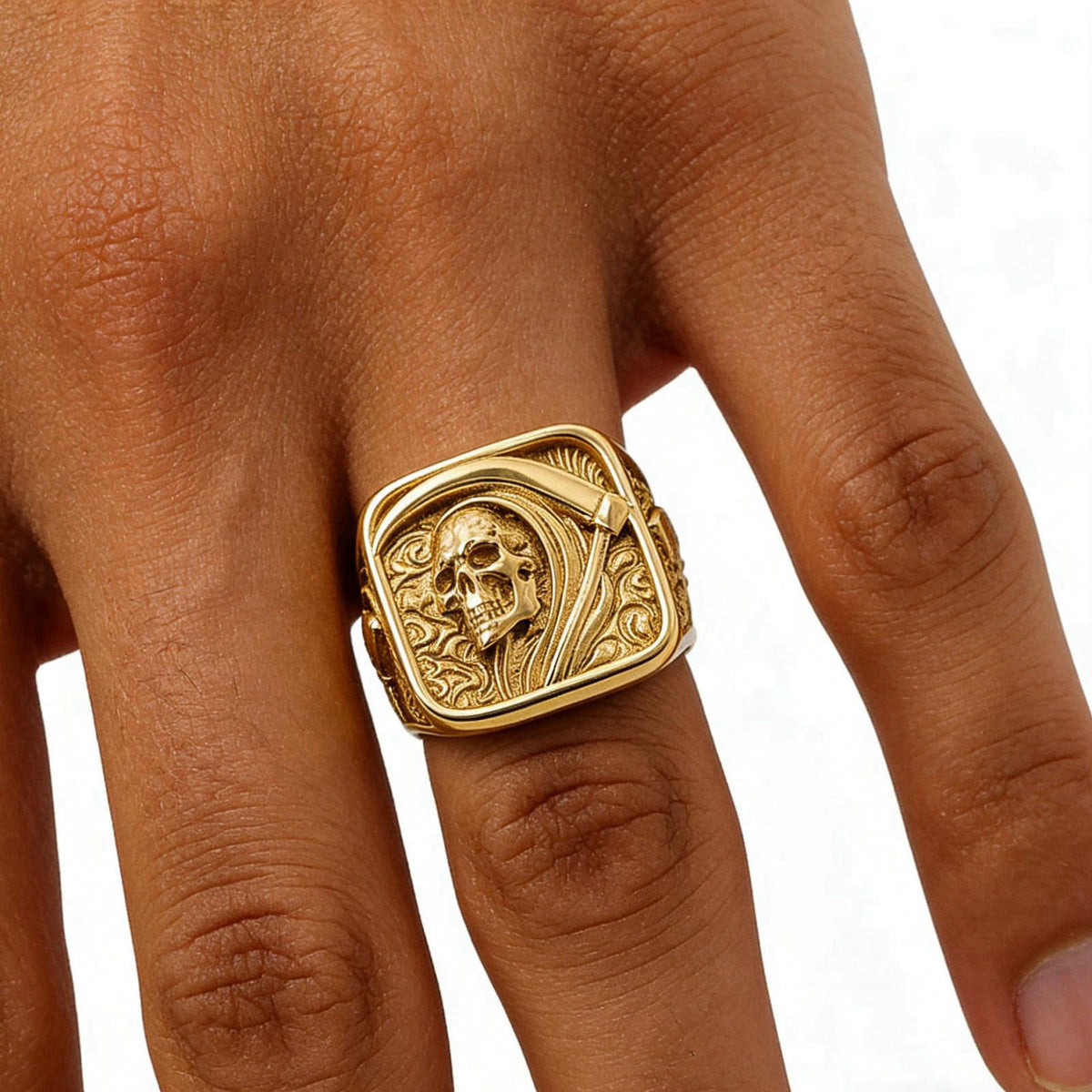 ZMY Home Grim Reaper Ring for Men – Gold Skull with Scythe Signet Statement Ring, Death Biker Punk Stainless Steel Jewel