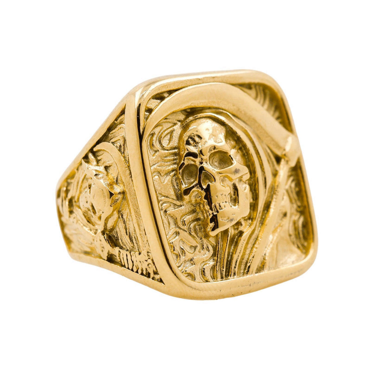 ZMY Home Grim Reaper Ring for Men – Gold Skull with Scythe Signet Statement Ring, Death Biker Punk Stainless Steel Jewel