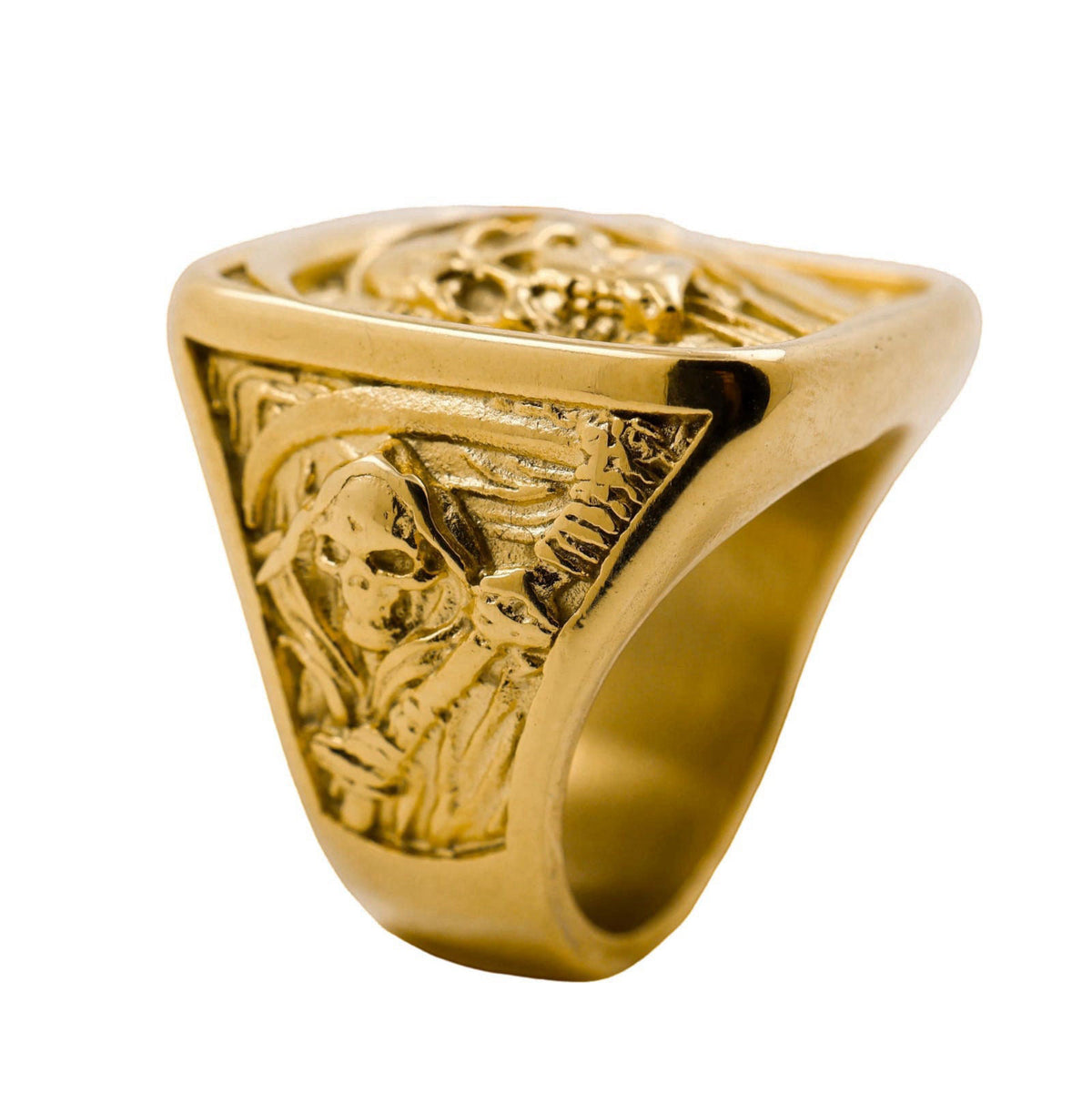 ZMY Home Grim Reaper Ring for Men – Gold Skull with Scythe Signet Statement Ring, Death Biker Punk Stainless Steel Jewel