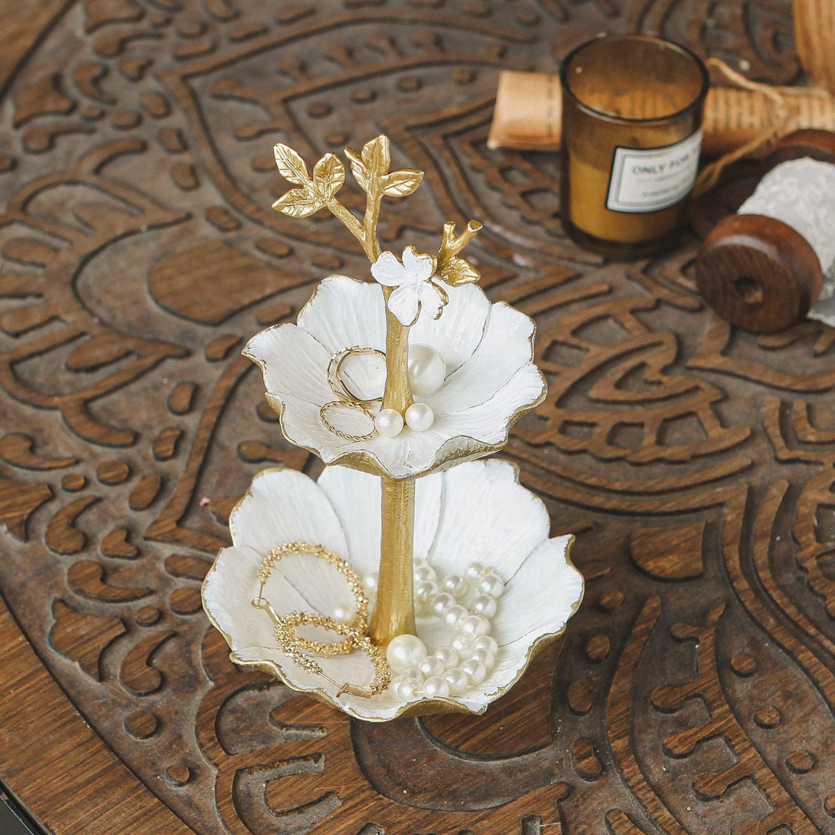 NIKKY HOME Gold Jewelry Holder Stand with Ring Tray for Home Decor – close-up detail