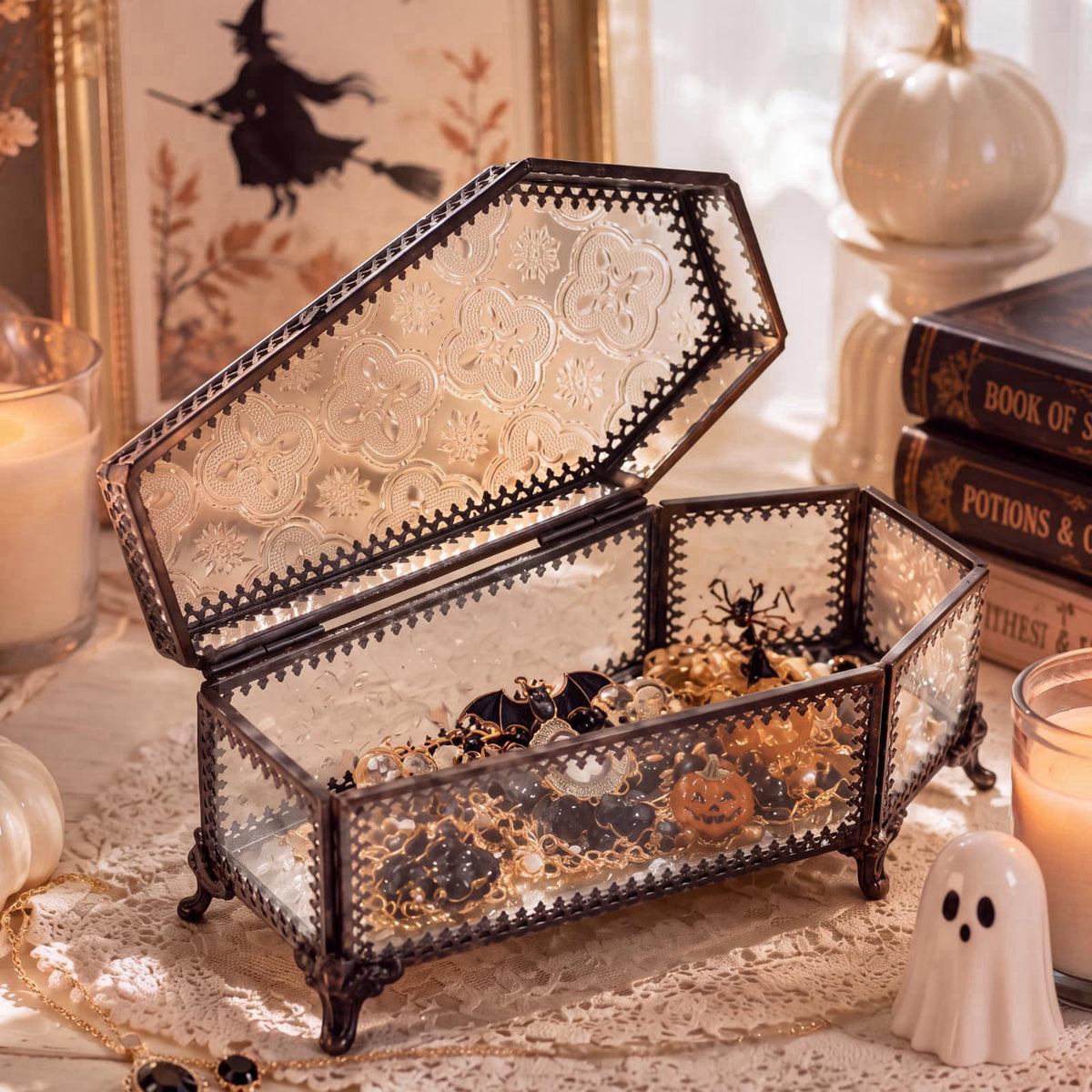 Vesici Halloween Glass Coffin Jewelry Box Embossed Trinket Box with Lid – product photo (Jewelry Boxes)