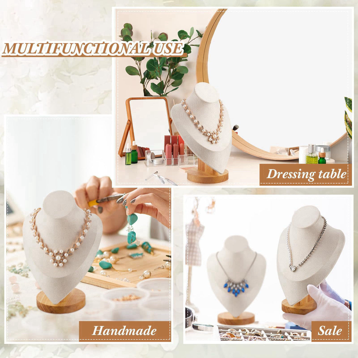 Juexica 3 Pcs Necklace Display Bust, Bamboo Jewelry Stand 9.3 x 6.1 Inches – back view and specifications