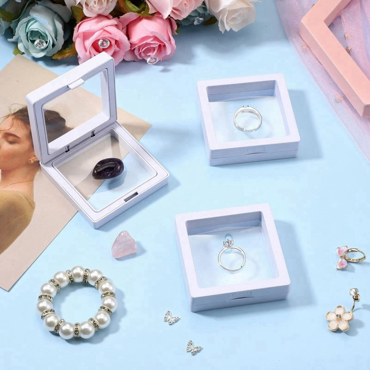 Soaoo 60 Pcs Floating Frame Display Stand Transparent Plastic 3D Floating Frame Clear PE Film Jewelry Box Coin Display C