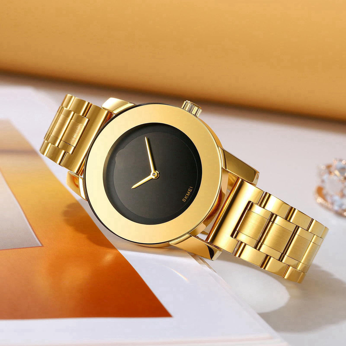 Gosasa Unisex Stainless Steel Quartz Watch, Diamond Accents – close-up detail in Gold