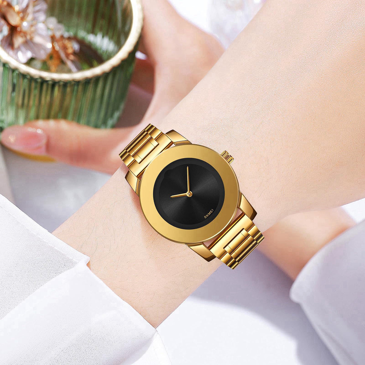 Gosasa Unisex Stainless Steel Quartz Watch, Diamond Accents – packaging and label