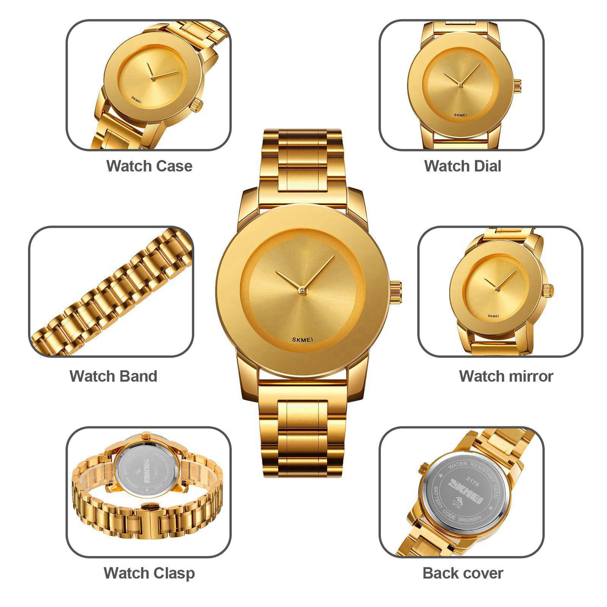Gosasa Unisex Stainless Steel Quartz Watch, Diamond Accents – back view and specifications