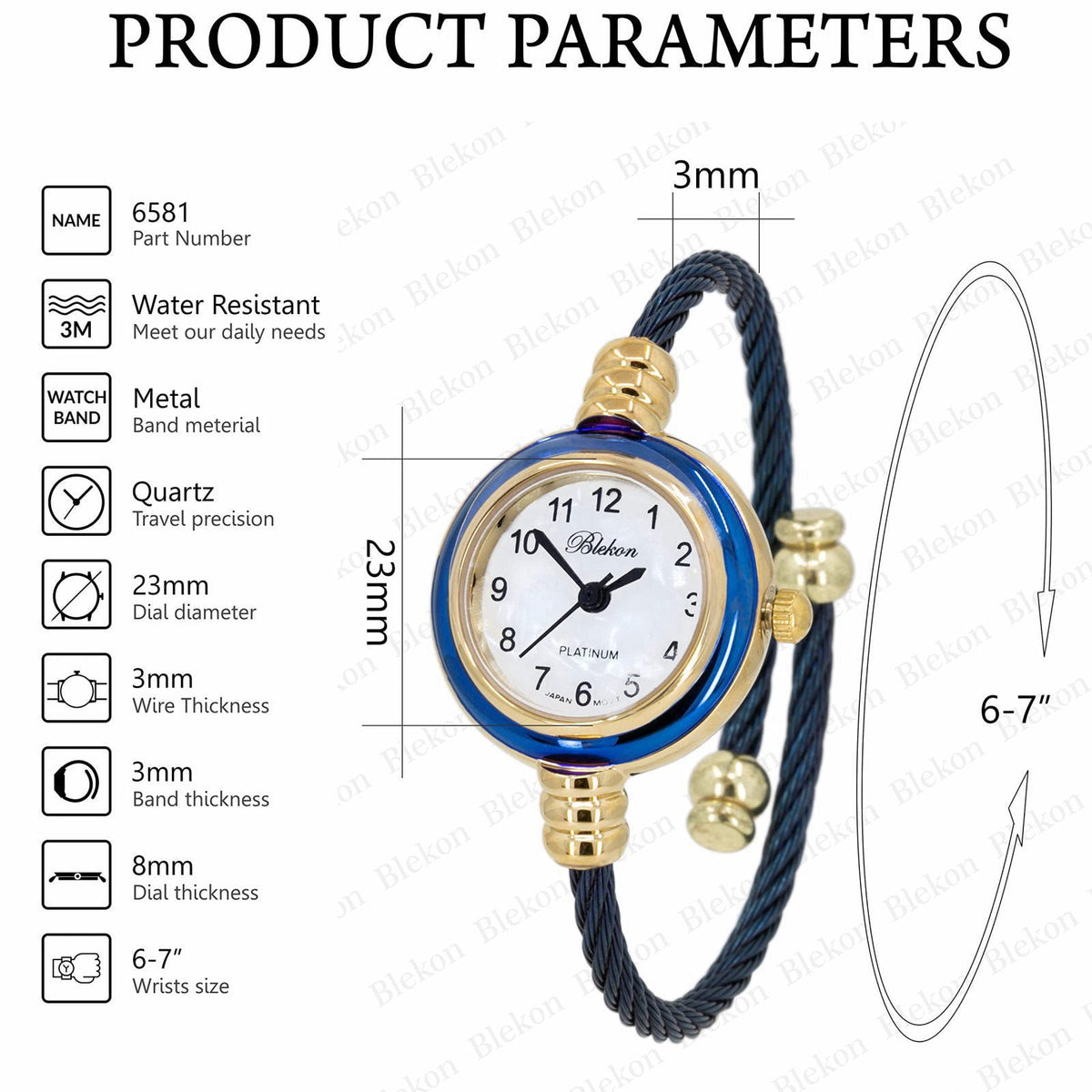 Blekon Collections Women's Cuff Watch - Round Analog Display Arabic Numbers 23mm Case Wire Bracelet Watch for Women Eleg
