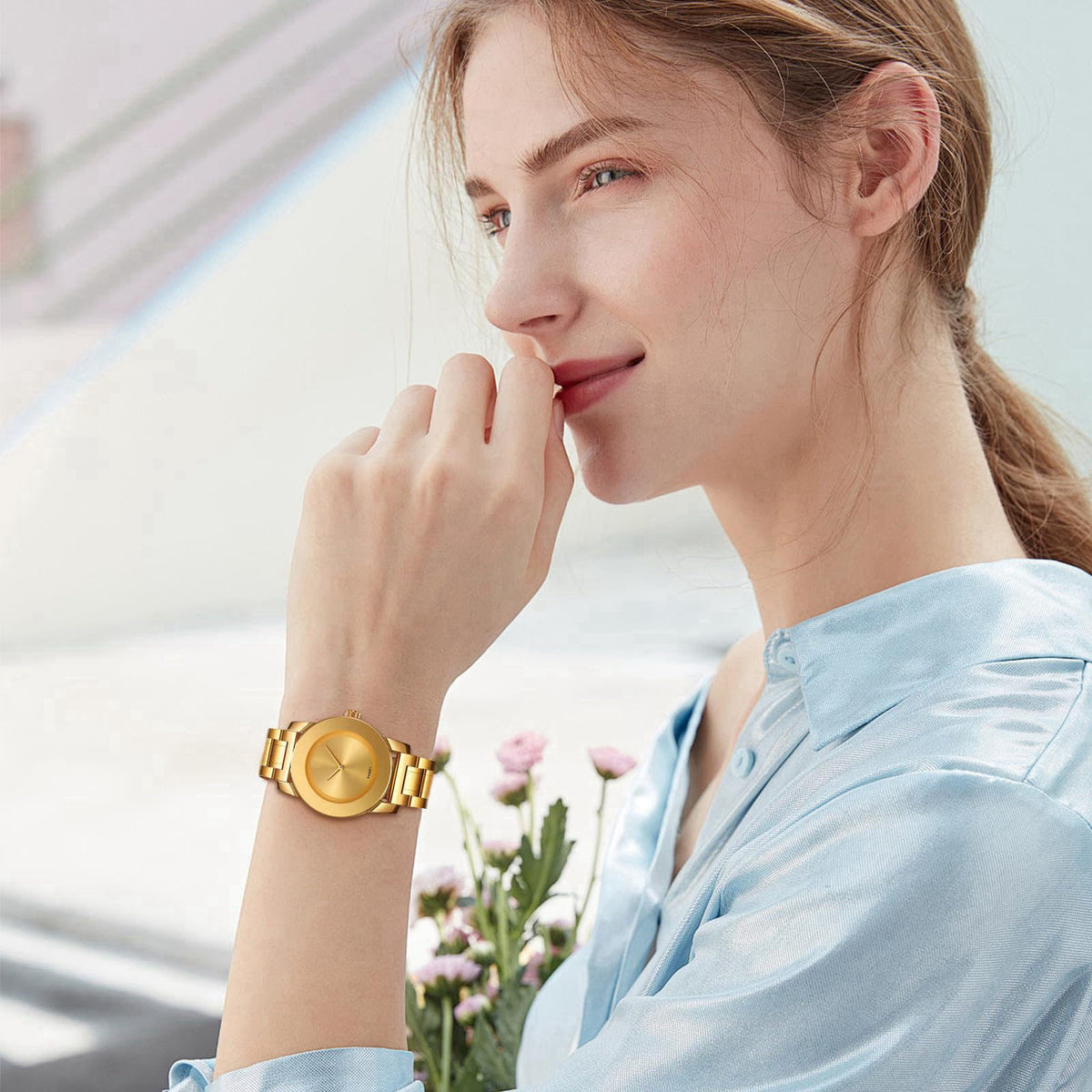 SKMEI Womens Wrist Watches,Luxury Elegant Minimalist Quartz Stainless Steel Gold Watch for Ladies with Dainty Diamond Di