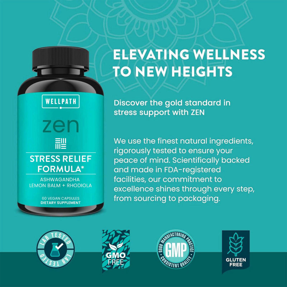 WellPath Zen Stress Relief & Mood Support with Ashwagandha & Rhodiola Rosea, 60 Ct – back view and specifications