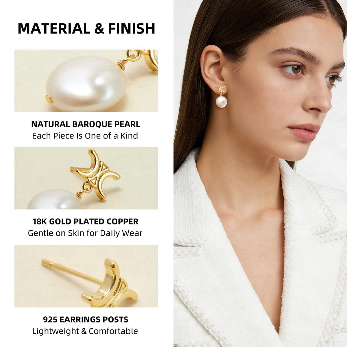 IDOKAWA Baroque Pearl Drop Earrings for Women, Gold Modern Stud 18K Gold Plated 925 Sterling Silver Post, Minimalist Sta