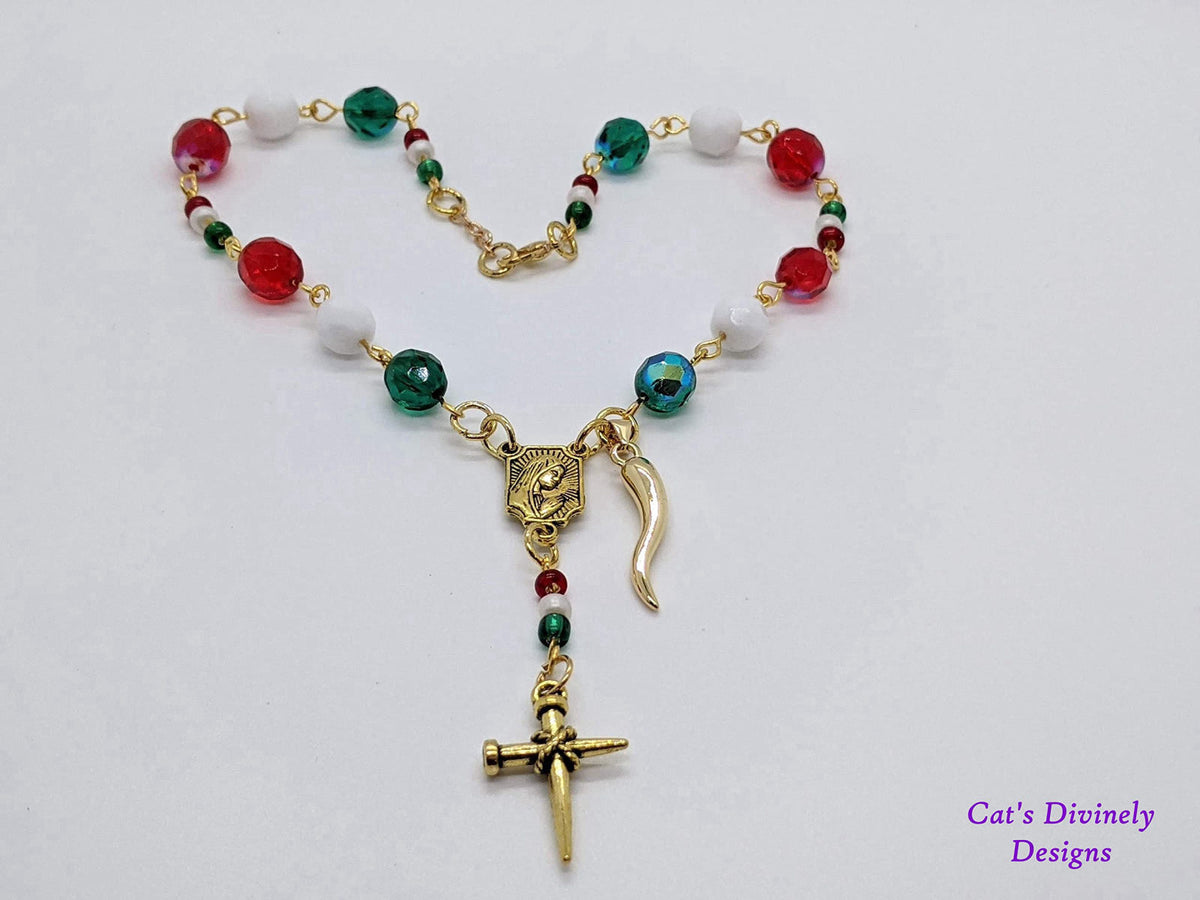 Handmade Italian Car/Vehicle Rosary - 8mm with Seed Beads & Italian Horn (Cornicello) Charm – packaging and label