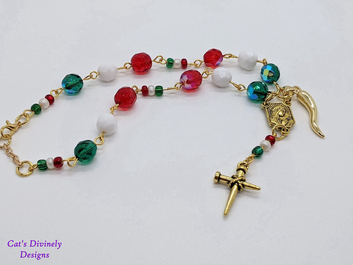 Handmade Italian Car/Vehicle Rosary - 8mm with Seed Beads & Italian Horn (Cornicello) Charm – back view and specificatio