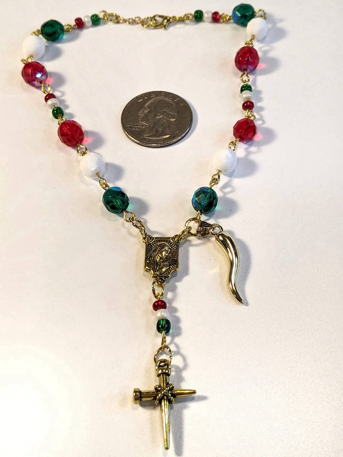 Handmade Italian Car/Vehicle Rosary - 8mm with Seed Beads & Italian Horn (Cornicello) Charm – alternate angle