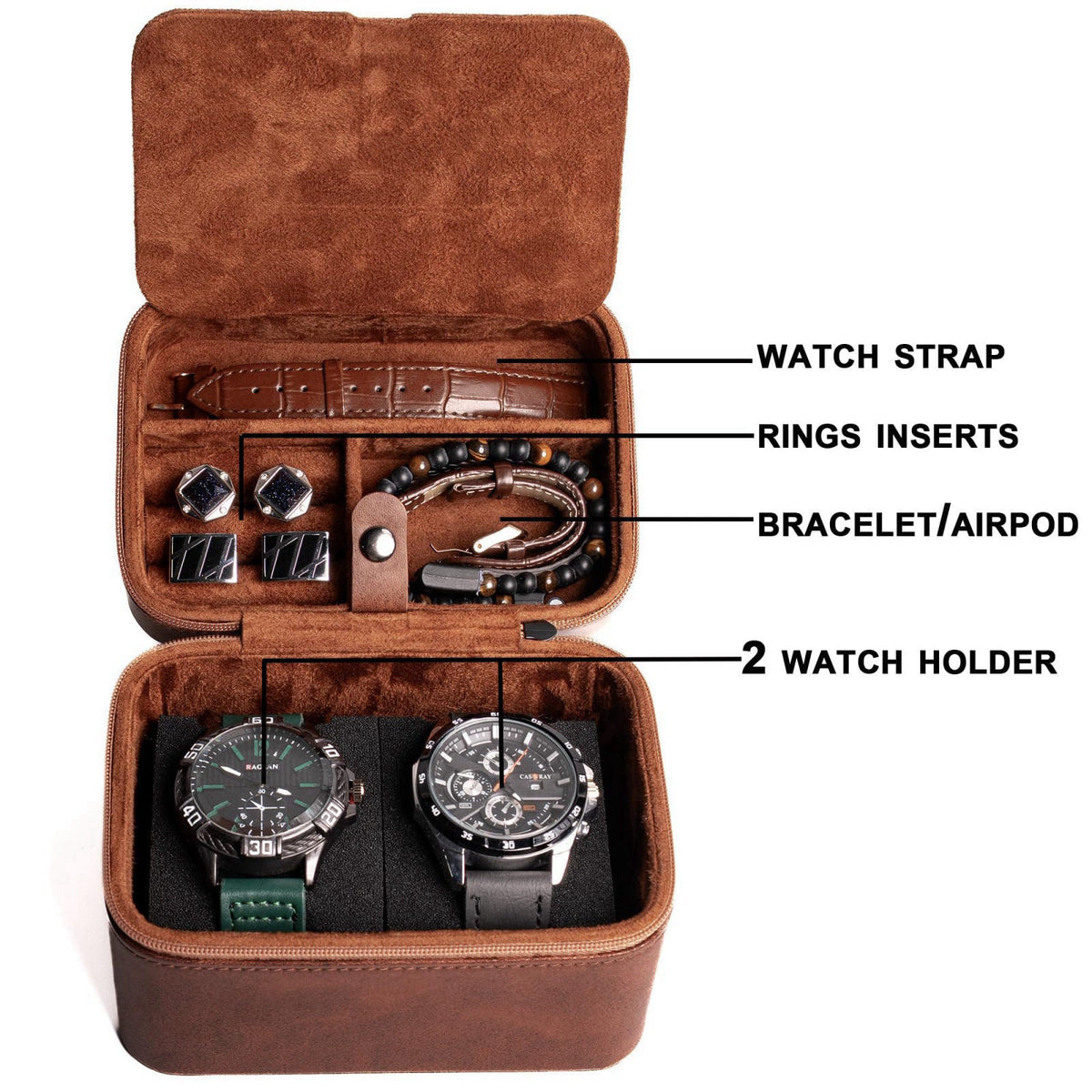 AUKURA 2 slot watch travel case organizer, hard watch travel box with insert for rings, cufflinks, bracelet,organization
