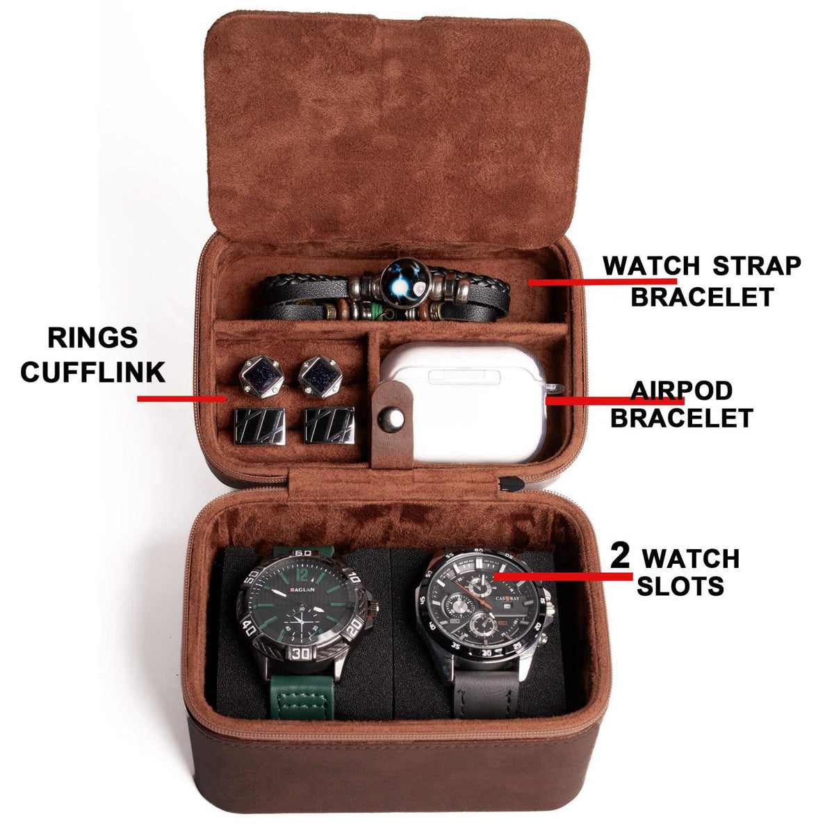 AUKURA 2 slot watch travel case organizer, hard watch travel box with insert for rings, cufflinks, bracelet,organization