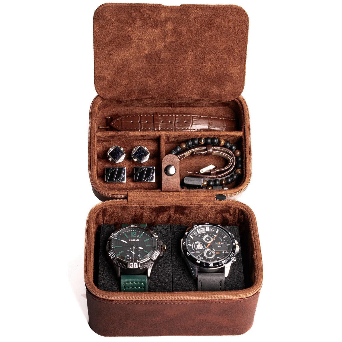 AUKURA 2 slot watch travel case organizer, hard watch travel box with insert for rings, cufflinks, bracelet,organization