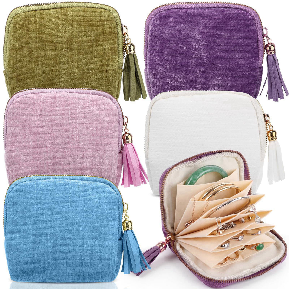 Hsei 5 Pack Small Travel Jewelry Case Bulk for Women 6 layer 8 Colors – 8 Colors, Cotton, Velvet