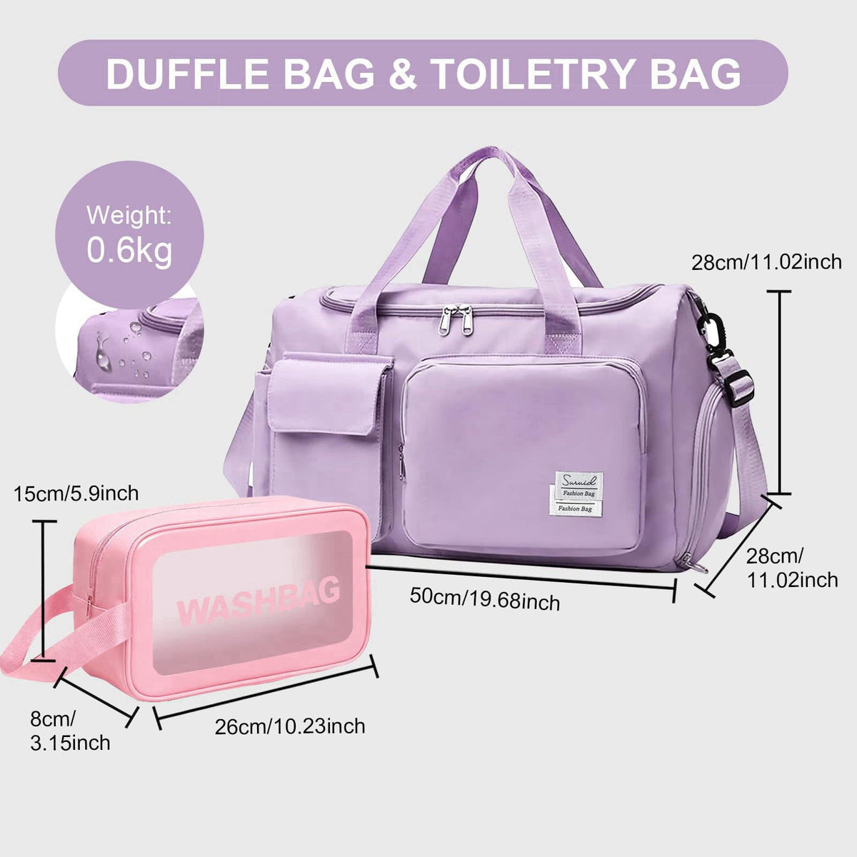 Suruid Gym Bag with Toiletry Bag, Sports Duffle Bag for Women, Purple – close-up detail