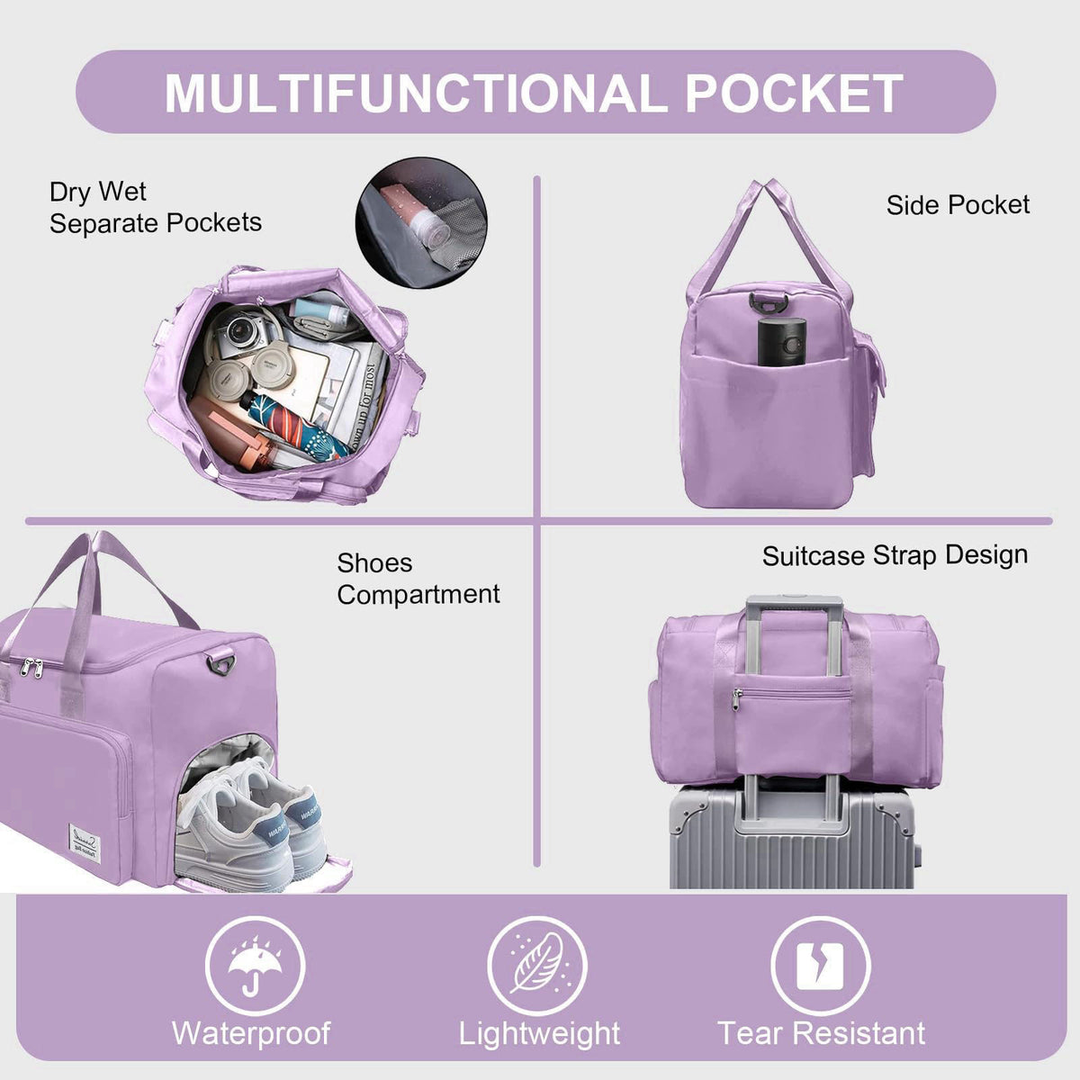 Suruid Gym Bag with Toiletry Bag, Sports Duffle Bag for Women, Purple – packaging and label