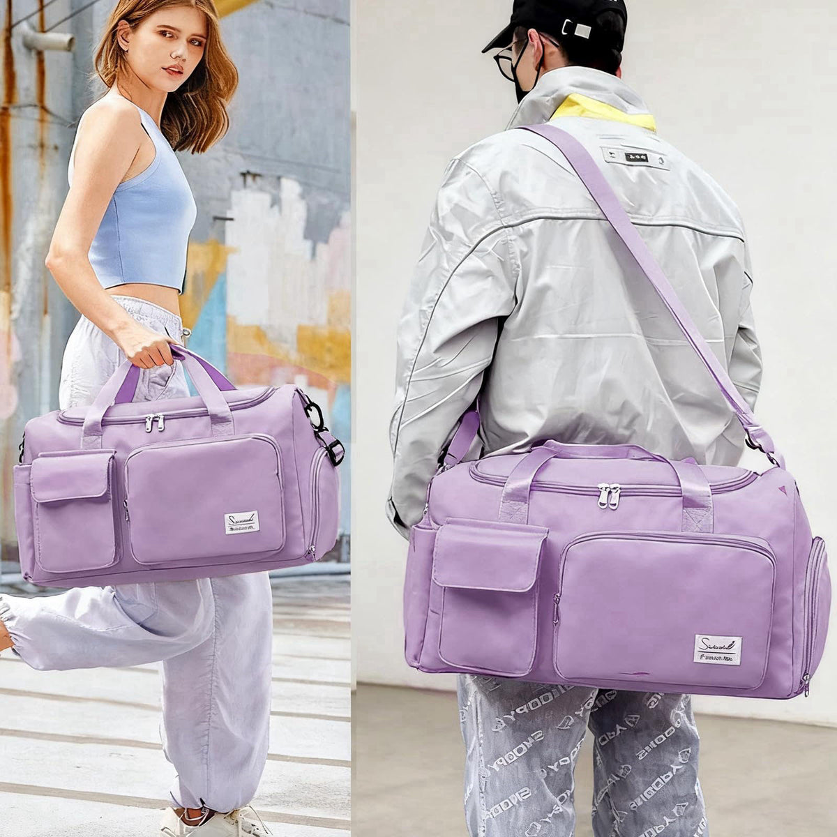 Suruid Gym Bag with Toiletry Bag, Sports Duffle Bag for Women, Purple – alternate angle