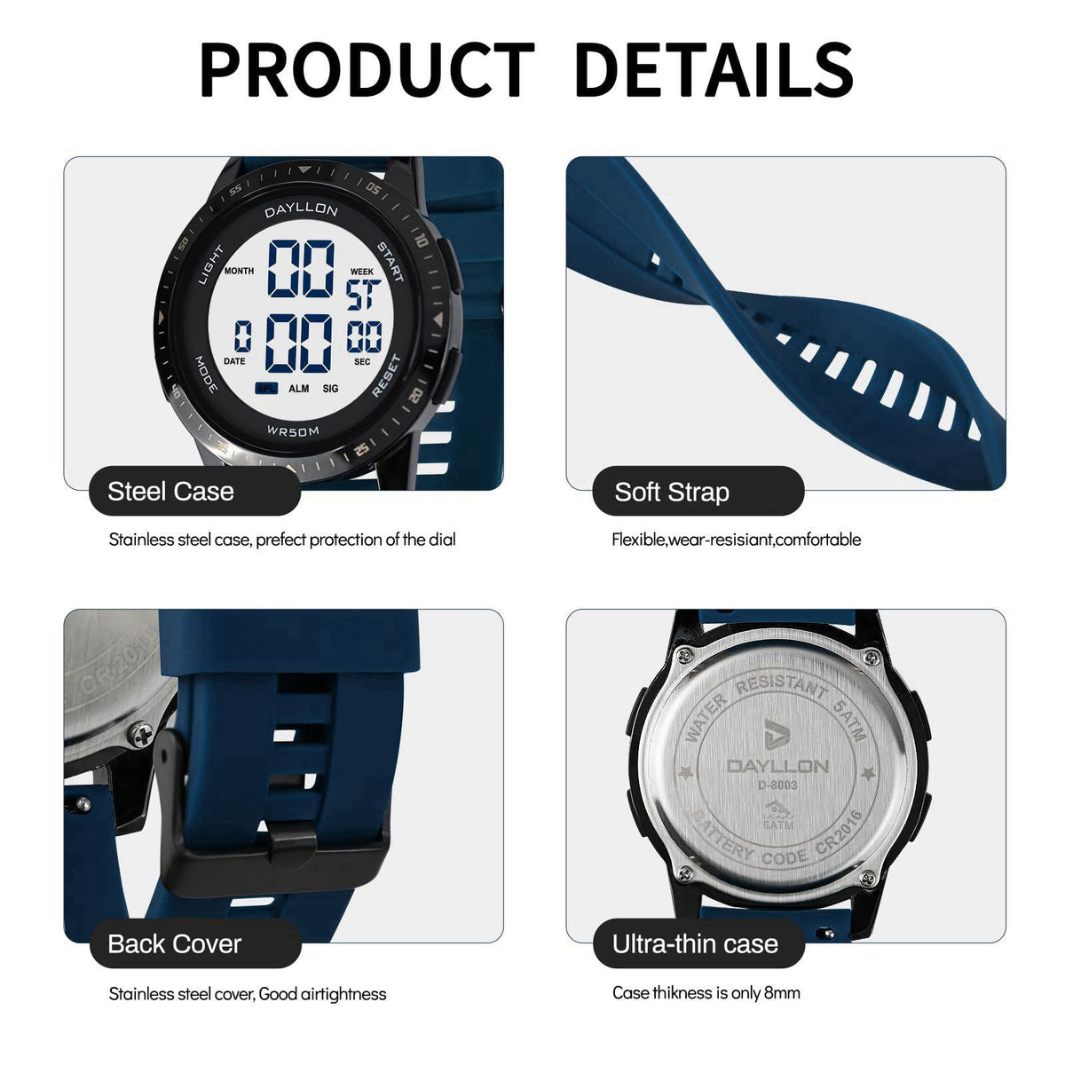 Dayllon Metal Case Ultra-Thin Minimalist Sports Digital Watch for Men Women – packaging and label