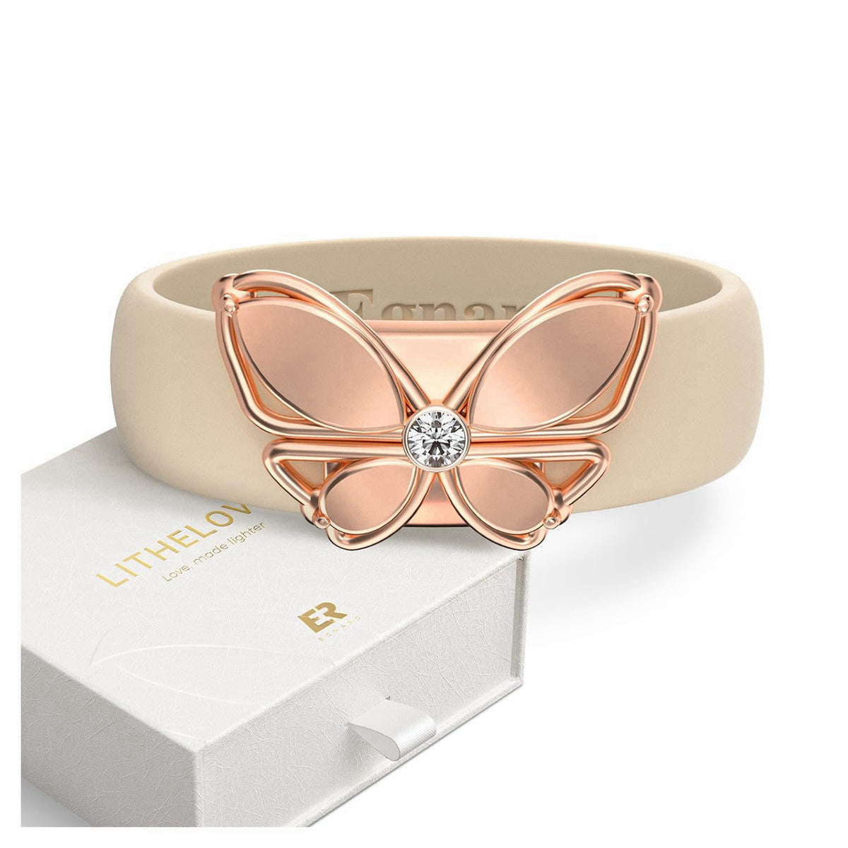 Egnaro Women Silicone Ring with Copper Alloy Butterfly Flexible Rubber Band – PACK A: Nude / Metal Butterfly - Rose Gold
