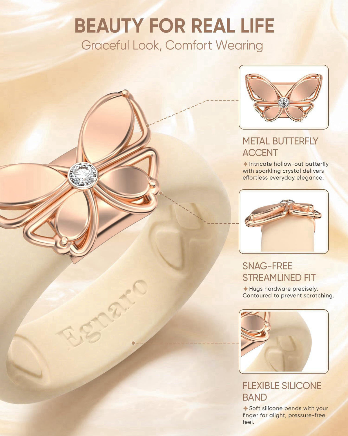 Egnaro Women Silicone Ring with Copper Alloy Butterfly Flexible Rubber Band – full view, size Finger Diameter (mm) Finge