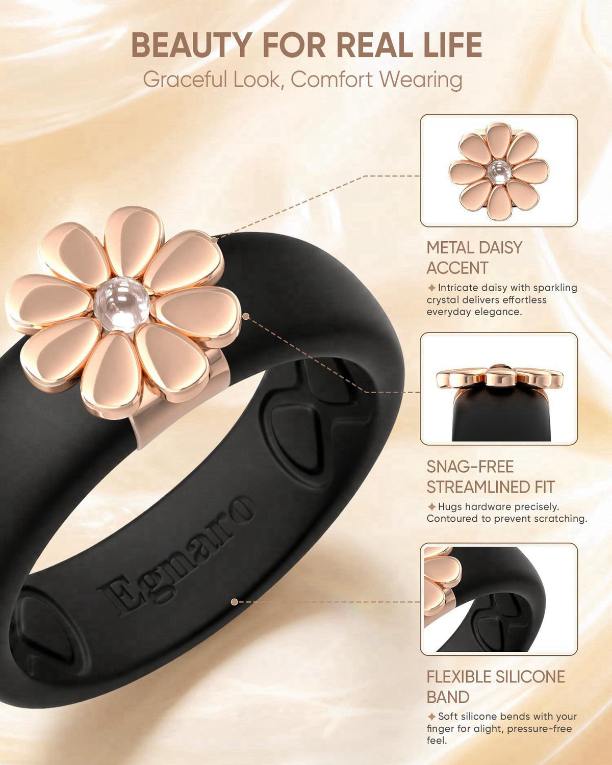 Egnaro Silicone Ring for Women with Copper Alloy Daisy Flexible Rubber Band – full view, size Finger Diameter (mm) Finge