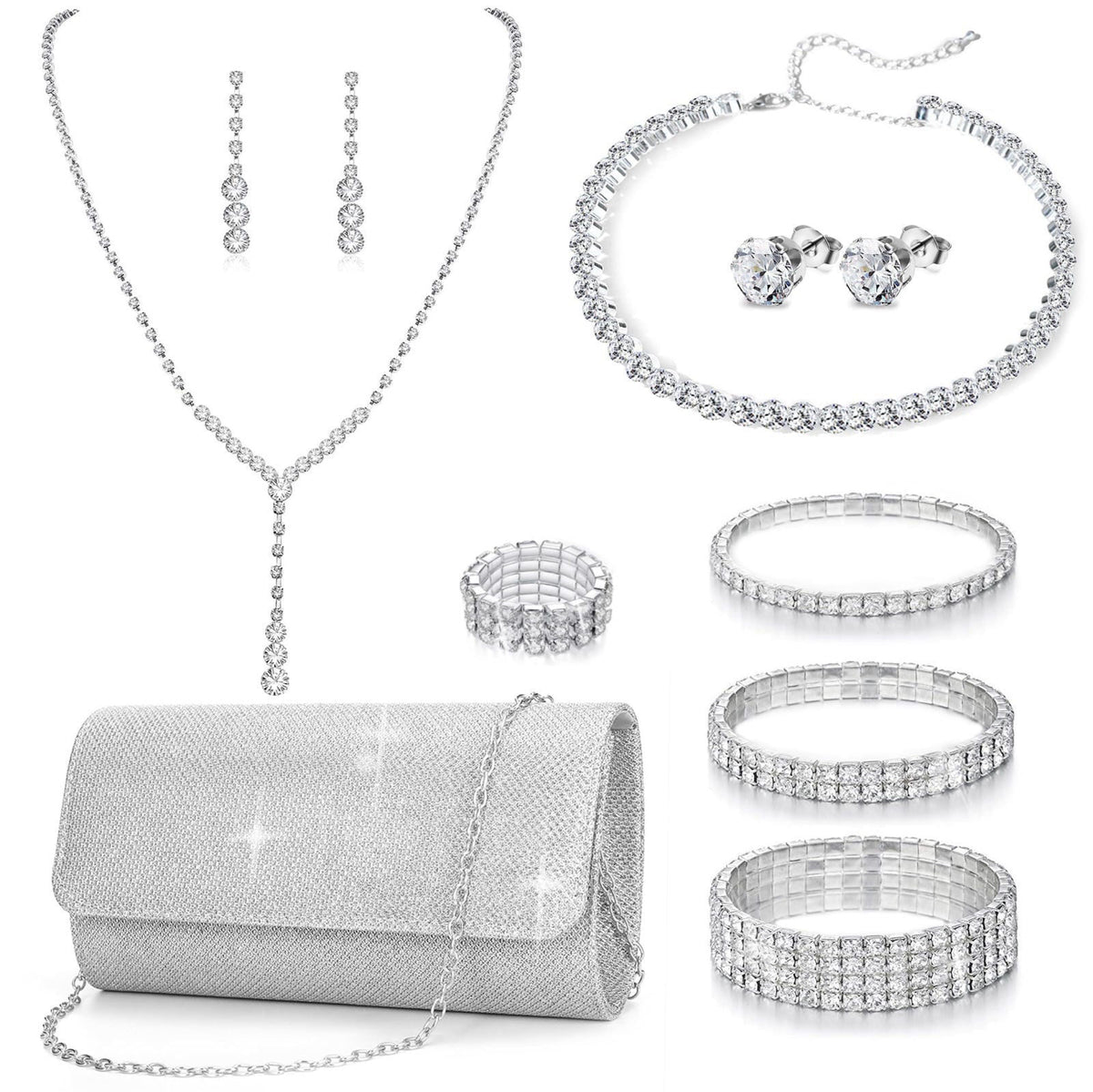 GIFIKOI 11Pcs Clutch Purse Crystal Jewelry Set for Women Shiny Rhinestone Jewelry Accessorie Set – packaging and label