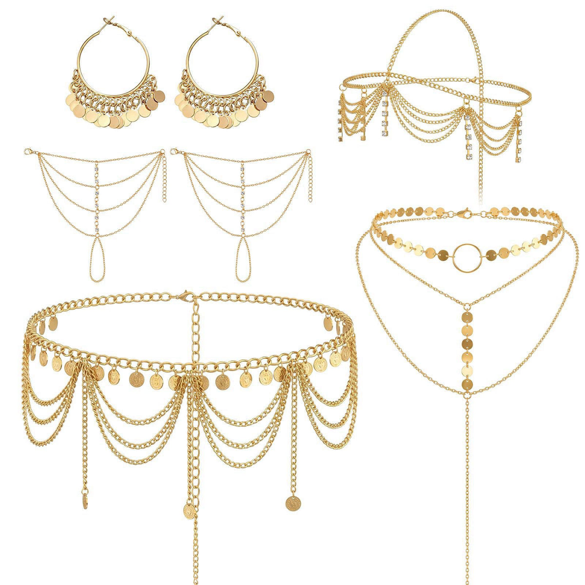 Quelay 5 Pcs Belly Dance Jewelry Set for Women Gold Head Chain – Metal