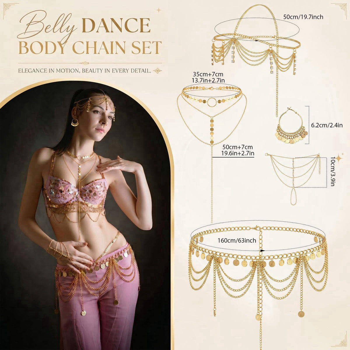Quelay 5 Pcs Belly Dance Jewelry Set for Women Gold Head Chain – packaging and label