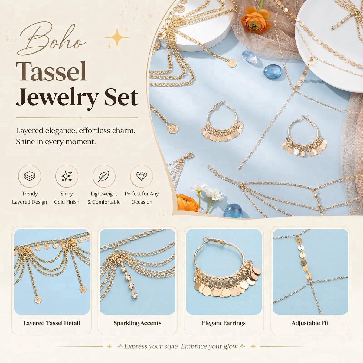 Quelay 5 Pcs Belly Dance Jewelry Set for Women Gold Head Chain – full view