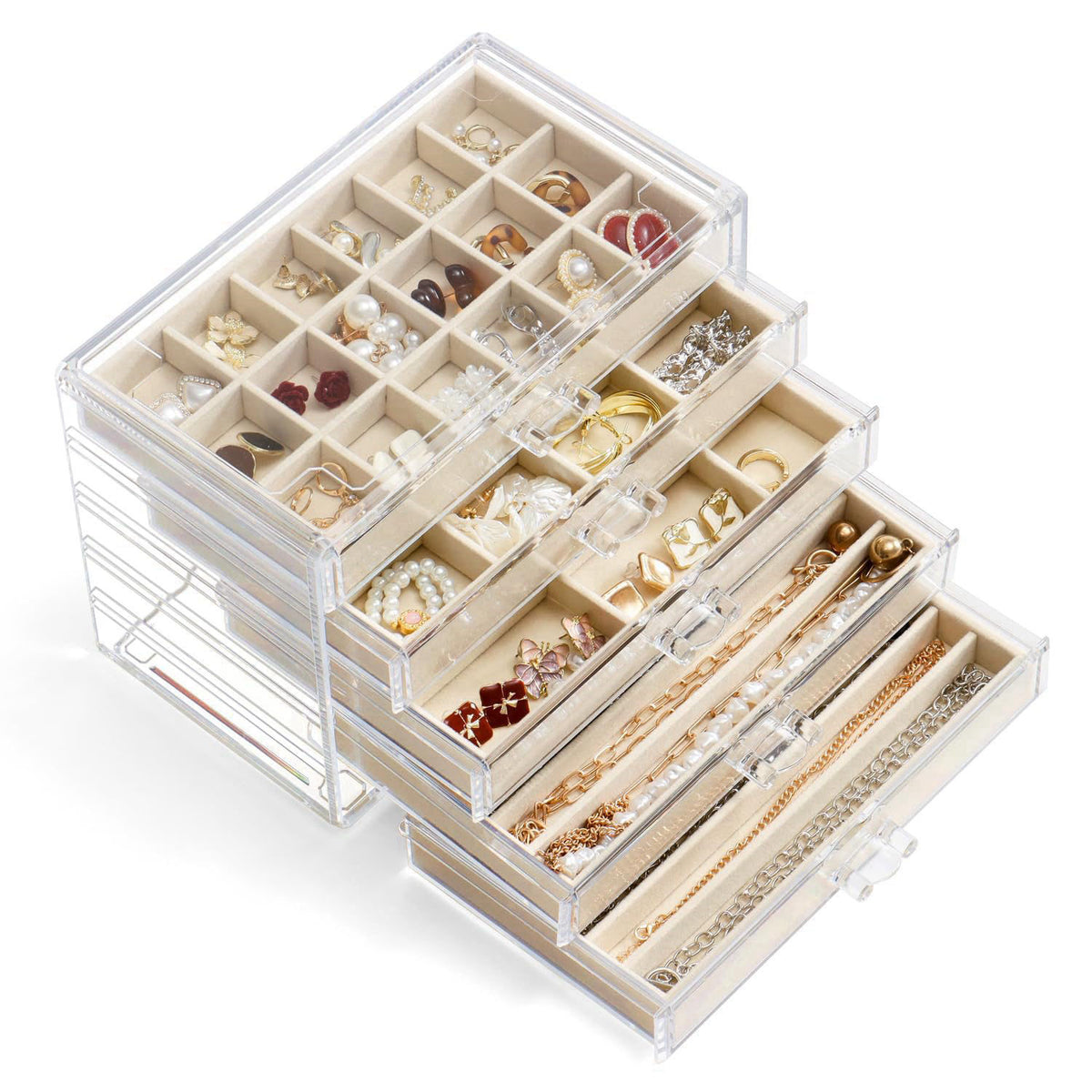 YUFONG Acrylic Jewelry Storage Box Holder with 5 Drawers, Beige 27 Grids – product photo (Jewelry Boxes)