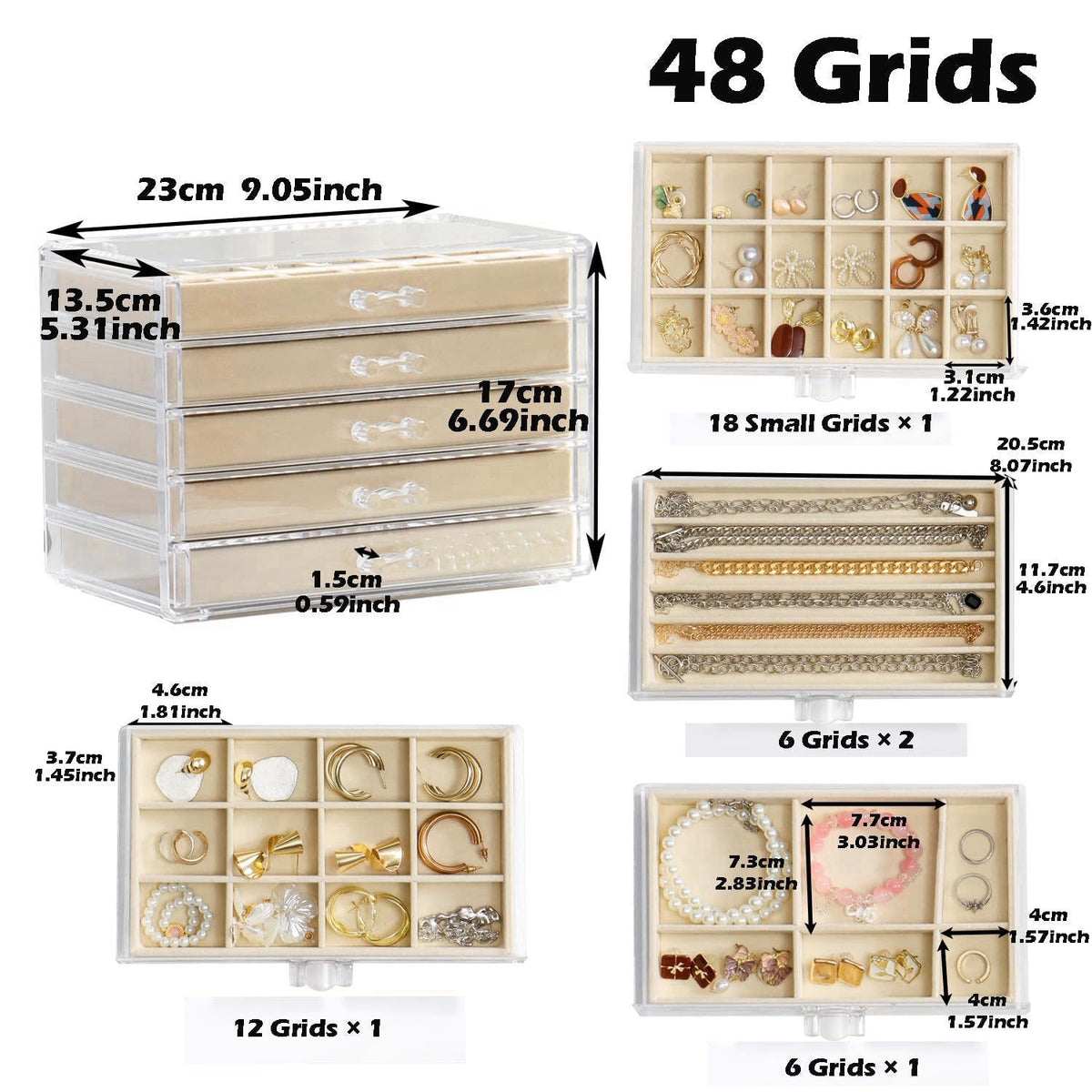 YUFONG Acrylic Jewelry Storage Box Holder with 5 Drawers, Beige 27 Grids – close-up detail