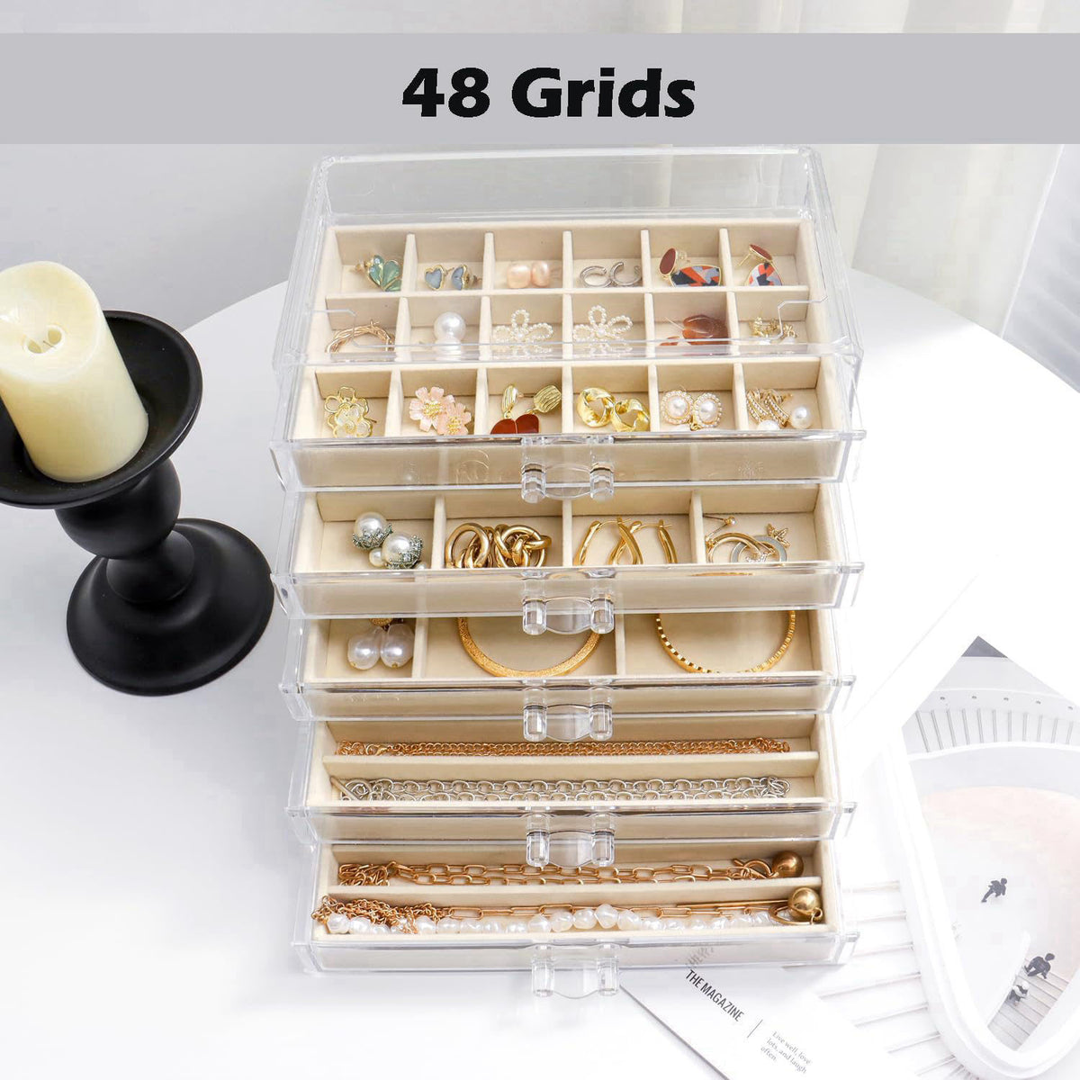 YUFONG Acrylic Jewelry Storage Box Holder with 5 Drawers, Beige 27 Grids – packaging and label
