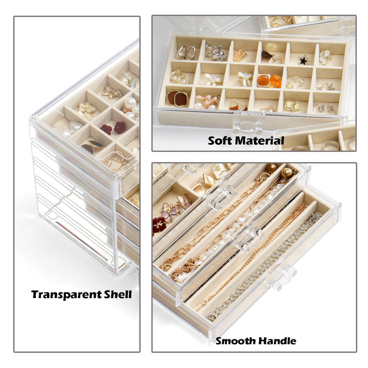 YUFONG Acrylic Jewelry Storage Box Holder with 5 Drawers, Beige 27 Grids – full view