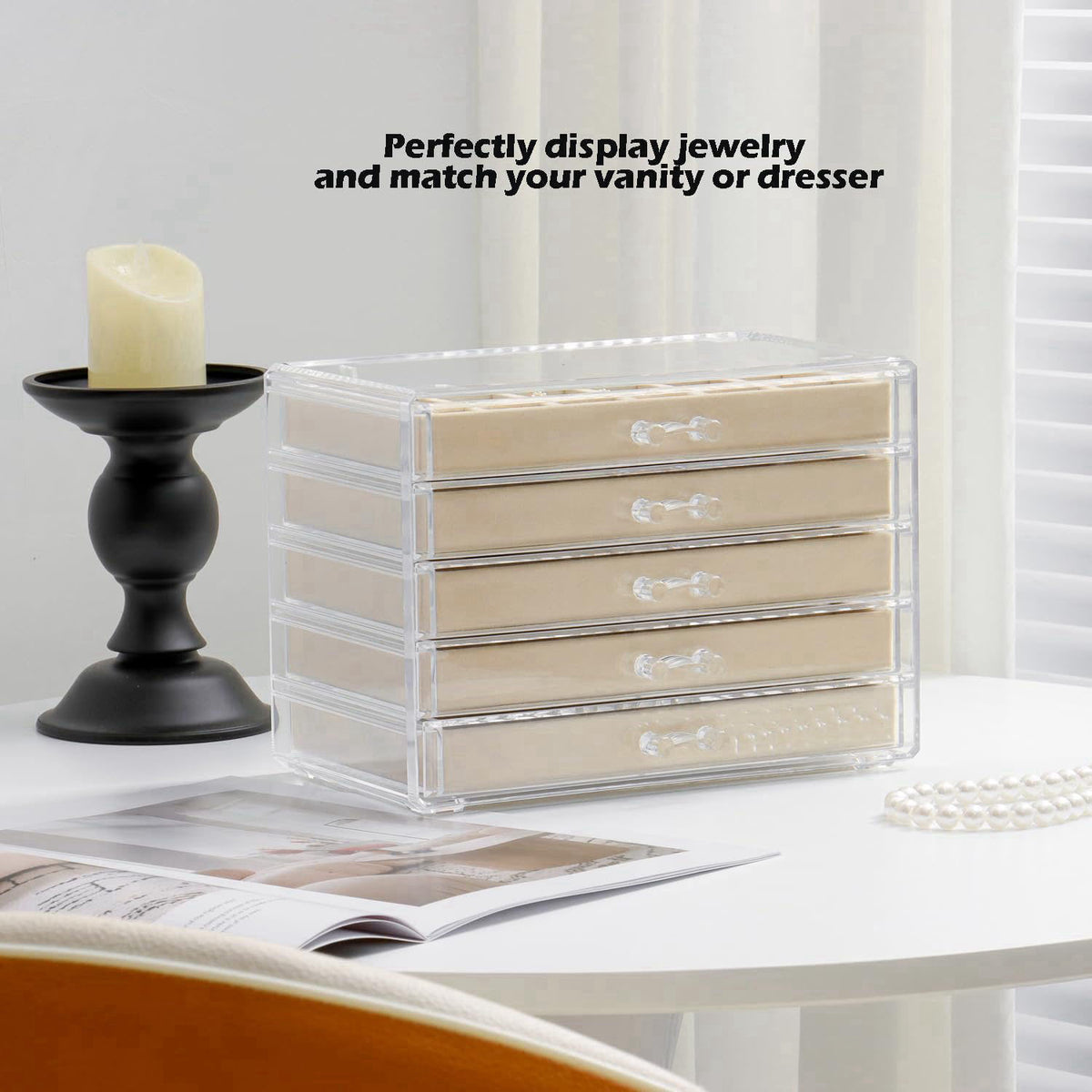 YUFONG Acrylic Jewelry Storage Box Holder with 5 Drawers, Beige 27 Grids – back view and specifications