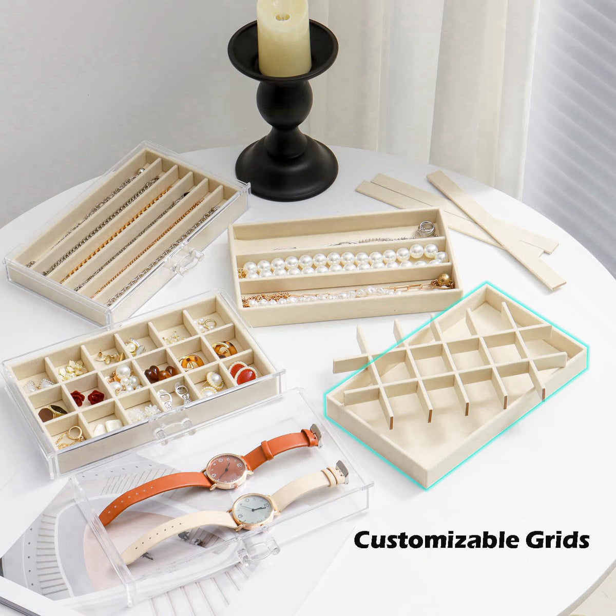 YUFONG Acrylic Jewelry Storage Box Holder with 5 Drawers, Beige 27 Grids – alternate angle