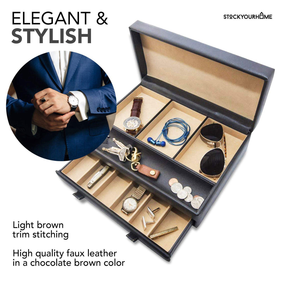 Stock Your Home Mens Valet Tray, Men's Jewelry Box, Night Stand Organizers and Storage, Bedside Table Organizer, Watch B