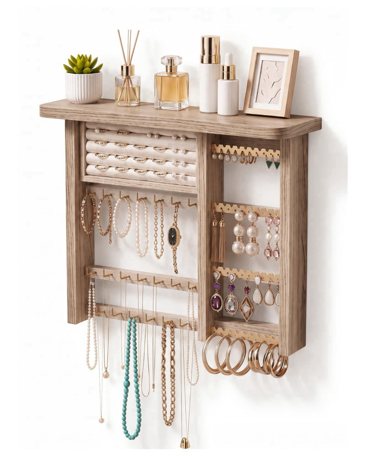 Lolalet Hanging Jewelry Organzier, Wall Mounted Wooden Jewelry Holder-Brown – close-up detail in Brown