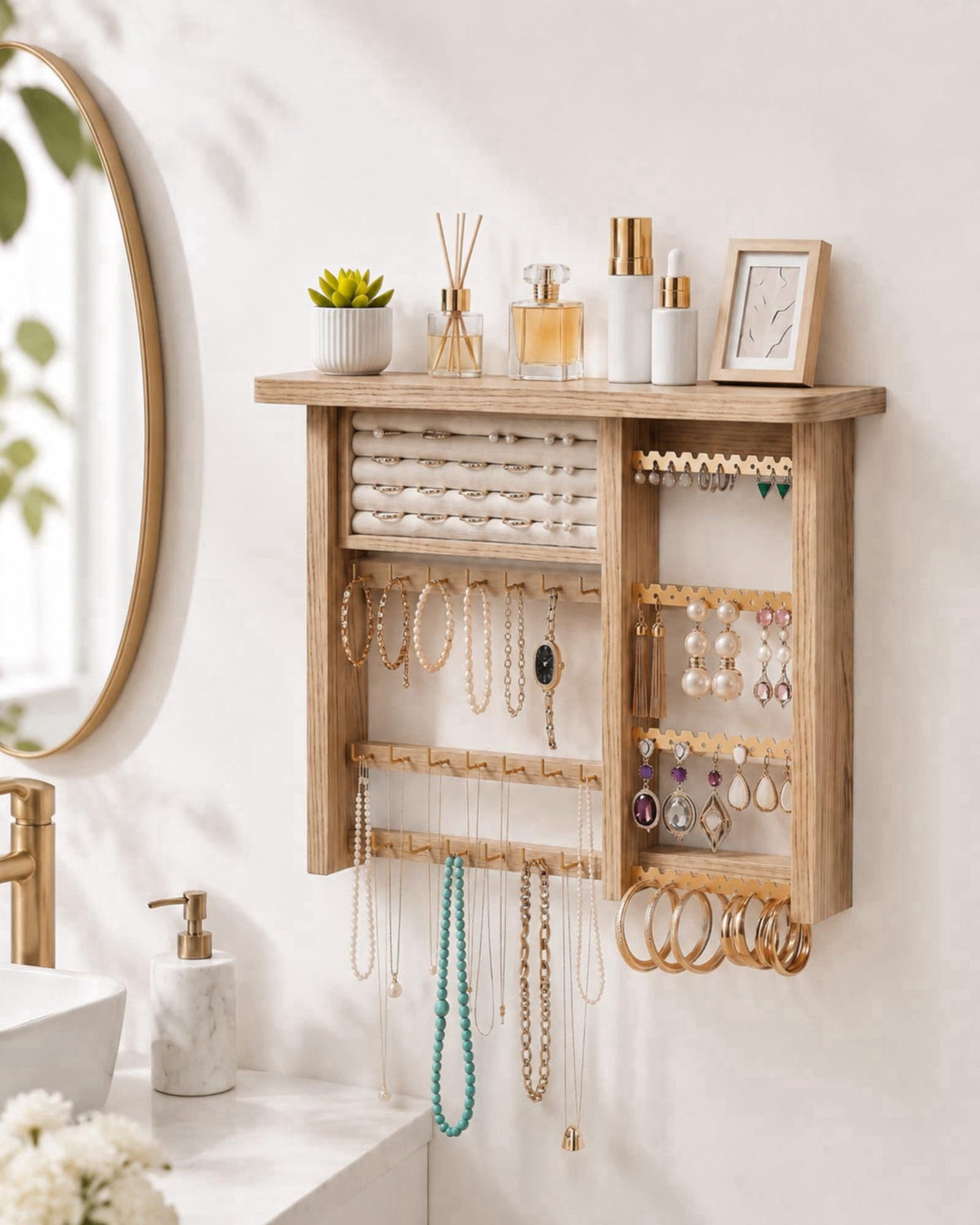Lolalet Hanging Jewelry Organzier, Wall Mounted Wooden Jewelry Holder-Brown – full view