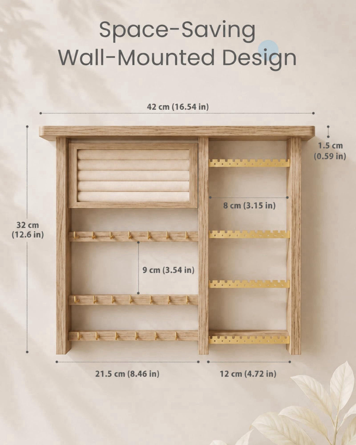 Lolalet Hanging Jewelry Organzier, Wall Mounted Wooden Jewelry Holder-Brown – back view and specifications