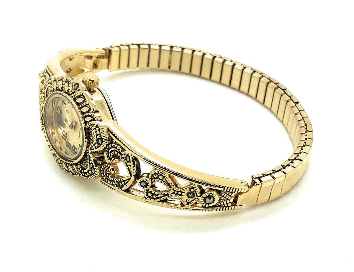 VERSALES Ladies Elegant Oval Marcasite Stretch Elastic Band Fashion Watch Varsales – full view