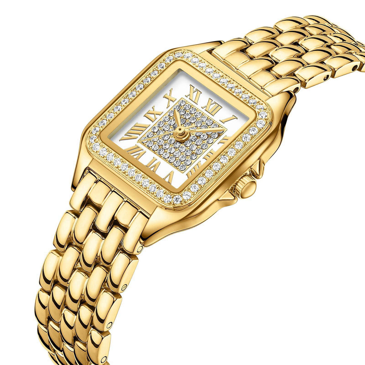 FROVBOR Gold Watches for Women Vintage Rectangular Case Diamond Roman Dial – close-up detail in Gold