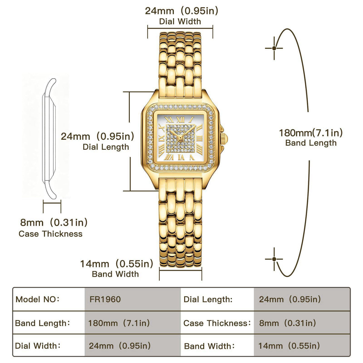 FROVBOR Gold Watches for Women Vintage Rectangular Case Diamond Roman Dial – full view