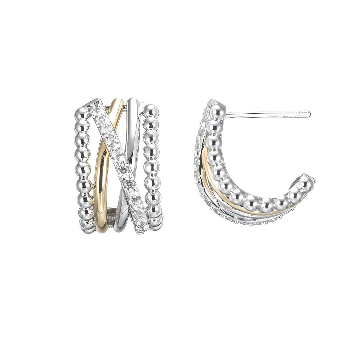 MWAHXIAO Two Tone Jewelry Twisted CZ Hoop Stud Earrings Rhodium Plated Beaded Multi Layer Cuff Earrings Minimal Luxury J