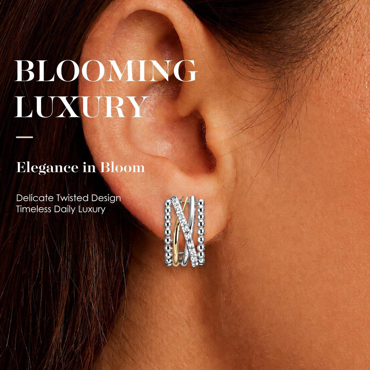 MWAHXIAO Two Tone Jewelry Twisted CZ Hoop Stud Earrings Rhodium Plated Beaded Multi Layer Cuff Earrings Minimal Luxury J