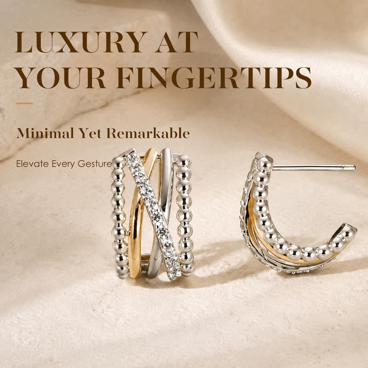 MWAHXIAO Two Tone Jewelry Twisted CZ Hoop Stud Earrings Rhodium Plated Beaded Multi Layer Cuff Earrings Minimal Luxury J