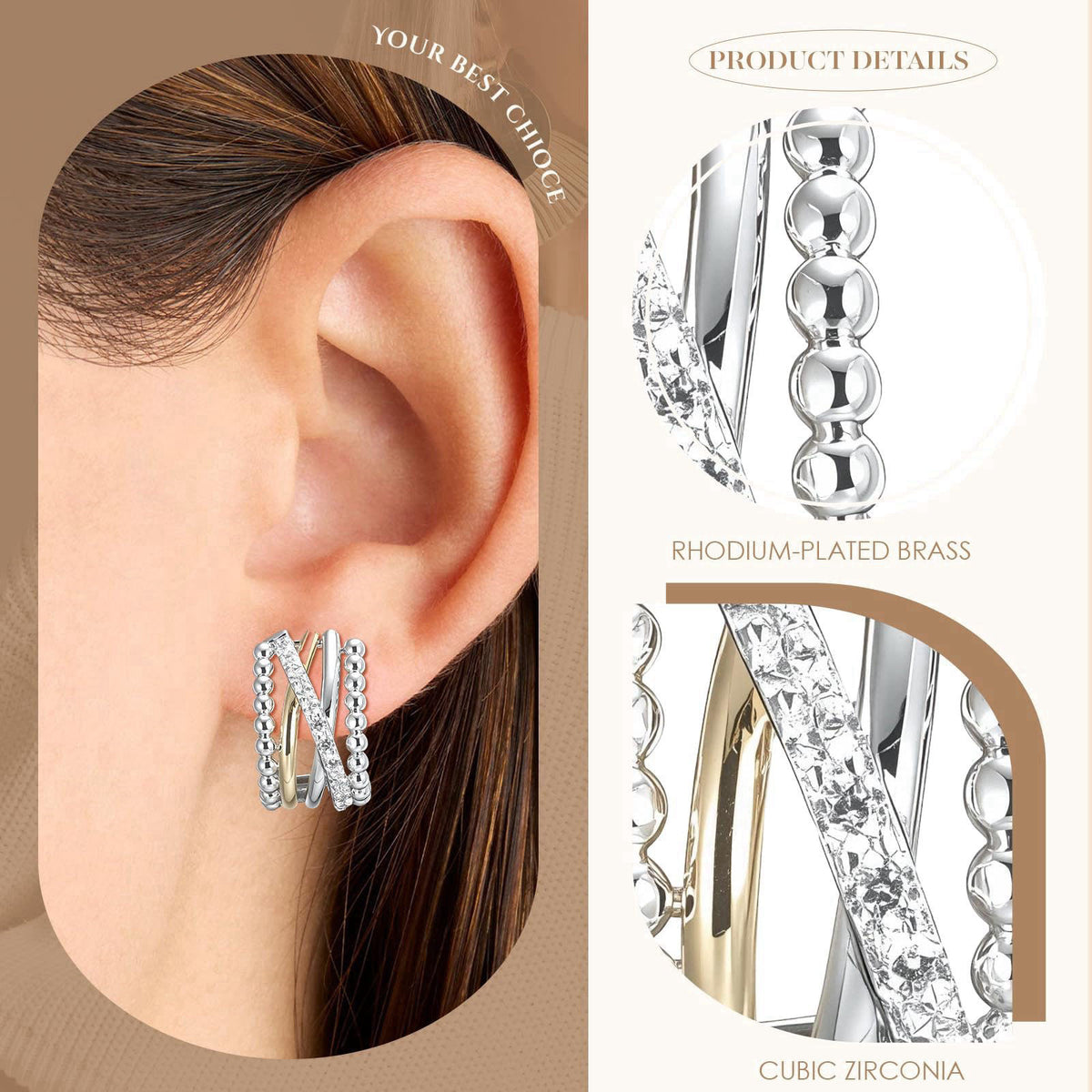 MWAHXIAO Two Tone Jewelry Twisted CZ Hoop Stud Earrings Rhodium Plated Beaded Multi Layer Cuff Earrings Minimal Luxury J